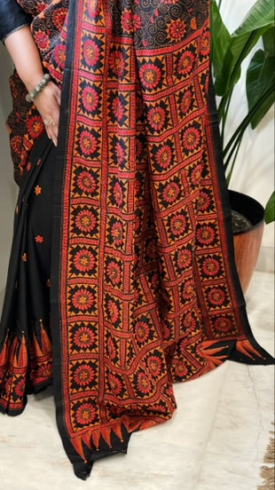 Black Handmade Nakshi Kantha Saree in Pure Silk