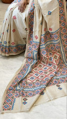 Beige Handmade Sindhi Kadhai Saree with Mirror Handwork in Pure Silk