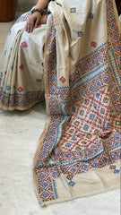 Beige Handmade Sindhi Kadhai Saree with Mirror Handwork in Pure Silk