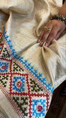 Beige Handmade Sindhi Kadhai Saree with Mirror Handwork in Pure Silk