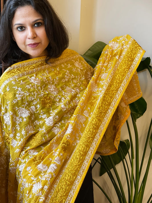 Yellow Parsi Gara Embroidery Dupatta in Georgette