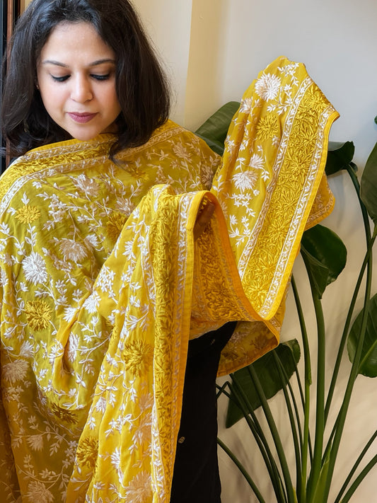 Yellow Parsi Gara Embroidery Dupatta in Georgette