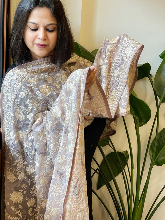 Lite Lavender Parsi Gara Embroidery Dupatta in Georgette