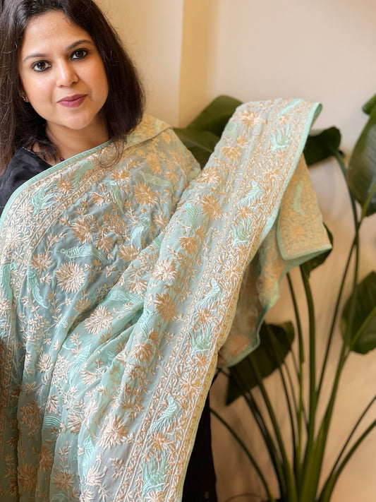 Aqua Blue Parsi Gara Embroidery Dupatta in Georgette