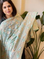 Aqua Blue Parsi Gara Embroidery Dupatta in Georgette