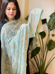 Aqua Blue Parsi Gara Embroidery Dupatta in Georgette
