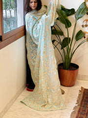 Aqua Blue Parsi Gara Embroidery Dupatta in Georgette