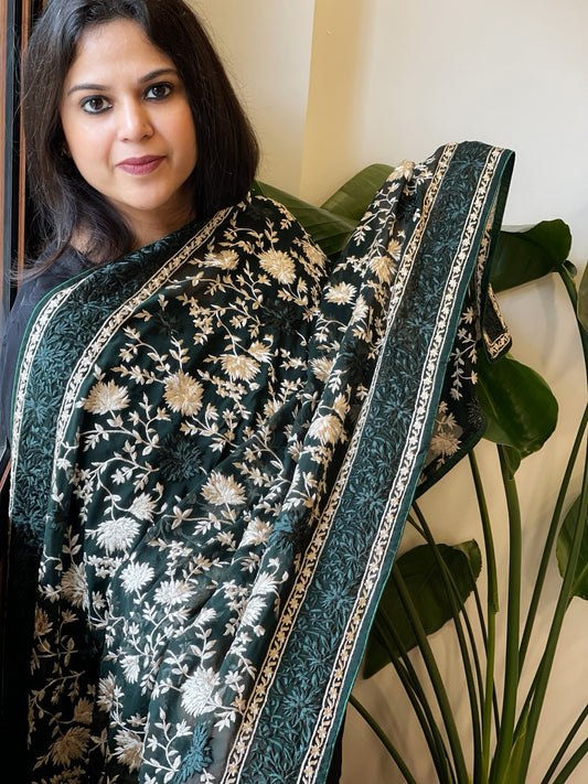 Dark Green Parsi Gara Embroidery Dupatta in Georgette