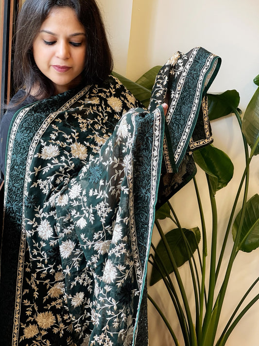 Dark Green Parsi Gara Embroidery Dupatta in Georgette