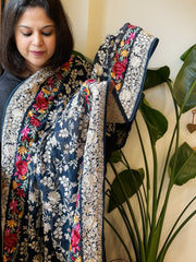 Teal Parsi Gara Embroidery Dupatta in Georgette