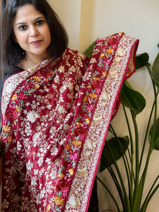 Maroon Parsi Gara Embroidery Dupatta in Georgette