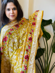 Yellow Parsi Gara Embroidery Dupatta in Georgette