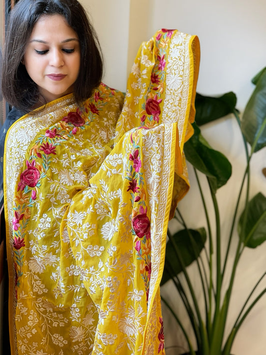 Yellow Parsi Gara Embroidery Dupatta in Georgette