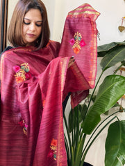 Rust Kashmiri Aari Embroidered Dupatta in Geecha Silk