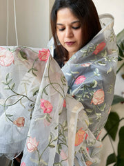 Powder Blue Organza Dupatta with Thread Embroidery