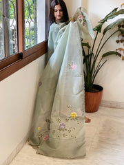 Greyish Blue Tissue Organza Dupatta with Handpainted Applique Work