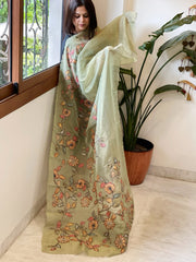 Pista Green Tissue Organza Dupatta with Handpainted Applique Work