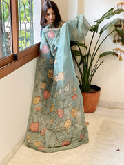 Blue Tissue Organza Dupatta with Handpainted Applique Work