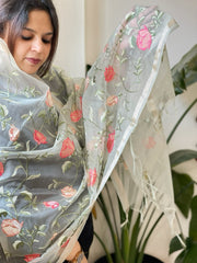 Aqua Organza Dupatta with Thread Embroidery