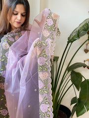 Purplish Pink Organza Dupatta with Cross-Stitch Embroidery