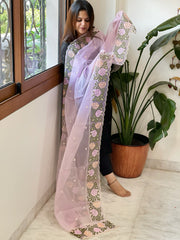 Purplish Pink Organza Dupatta with Cross-Stitch Embroidery