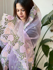 Purplish Pink Organza Dupatta with Cross-Stitch Embroidery