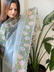 Aqua Organza Dupatta with Cross-Stitch Embroidery