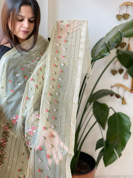 Yellow Organza Dupatta with Thread Embroidery