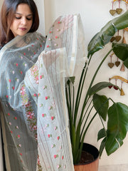 Aqua Organza Dupatta with Thread Embroidery