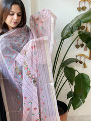 Purplish Pink Organza Dupatta with Thread Embroidery