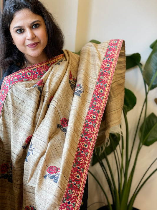 Geecha Silk Dupatta with Thread Embroidery & Patola Border