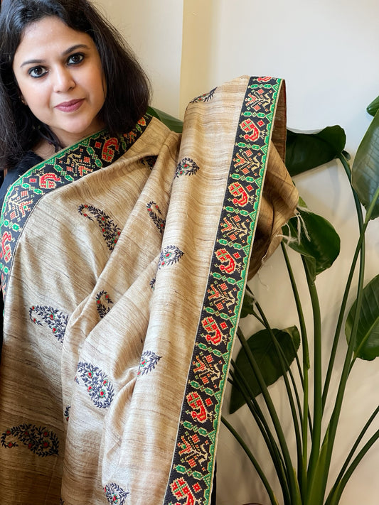 Geecha Silk Dupatta with Thread Embroidery & Patola Border