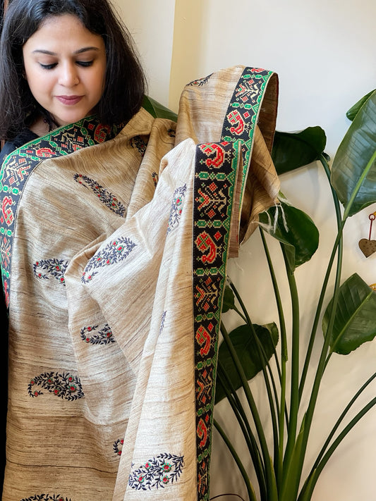 Geecha Silk Dupatta with Thread Embroidery & Patola Border