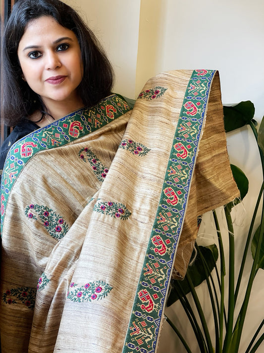 Geecha Silk Dupatta with Thread Embroidery & Patola Border