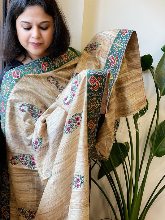 Geecha Silk Dupatta with Thread Embroidery & Patola Border