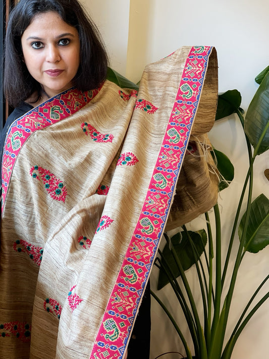 Geecha Silk Dupatta with Thread Embroidery & Patola Border