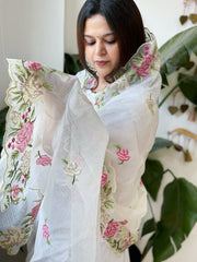 Off-White Kota Cotton Dupatta with Cross-Stitch Embroidered Border