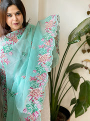 Aqua Kota Cotton Dupatta with Cross-Stitch Embroidered Border