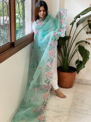 Aqua Kota Cotton Dupatta with Cross-Stitch Embroidered Border