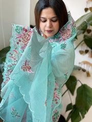 Aqua Kota Cotton Dupatta with Cross-Stitch Embroidered Border