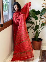 Red Handwoven Ikat Dupatta Pure Silk-Cotton