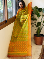 Parrot Green Handwoven Ikat Dupatta Pure Silk-Cotton