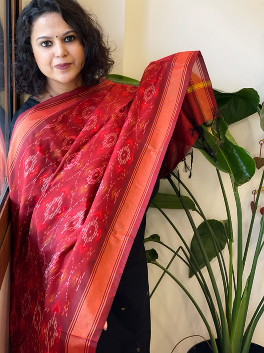 Maroon Handwoven Ikat Dupatta Pure Silk-Cotton