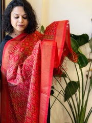 Red Handwoven Ikat Dupatta Pure Silk-Cotton
