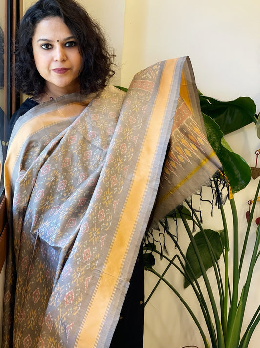 Greyish Beige Handwoven Ikat Dupatta Pure Silk-Cotton