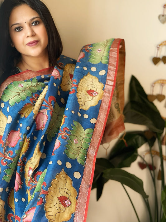 Handpainted Kalamkari Dupatta with Thread & Mirror Handwork in Chanderi Silk