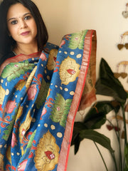 Handpainted Kalamkari Dupatta with Thread & Mirror Handwork in Chanderi Silk