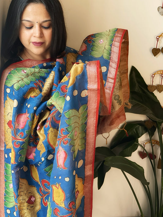 Handpainted Kalamkari Dupatta with Thread & Mirror Handwork in Chanderi Silk