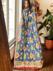 Handpainted Kalamkari Dupatta with Thread & Mirror Handwork in Chanderi Silk