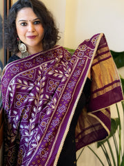Purple Printed Bandhej Chanderi Dupatta with Leather Gotapatti Work
